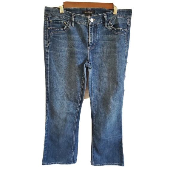 White House Black Market Denim - White House Black Market Noir 8R Flare leg jeans with rhinestone Pockets